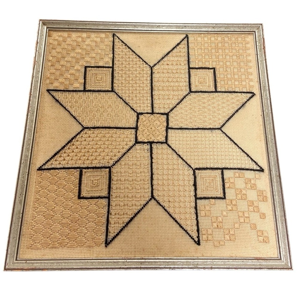 Vintage Framed Crocheted Doily Geometric Art Wall Decor Snowflake Cottagecore
